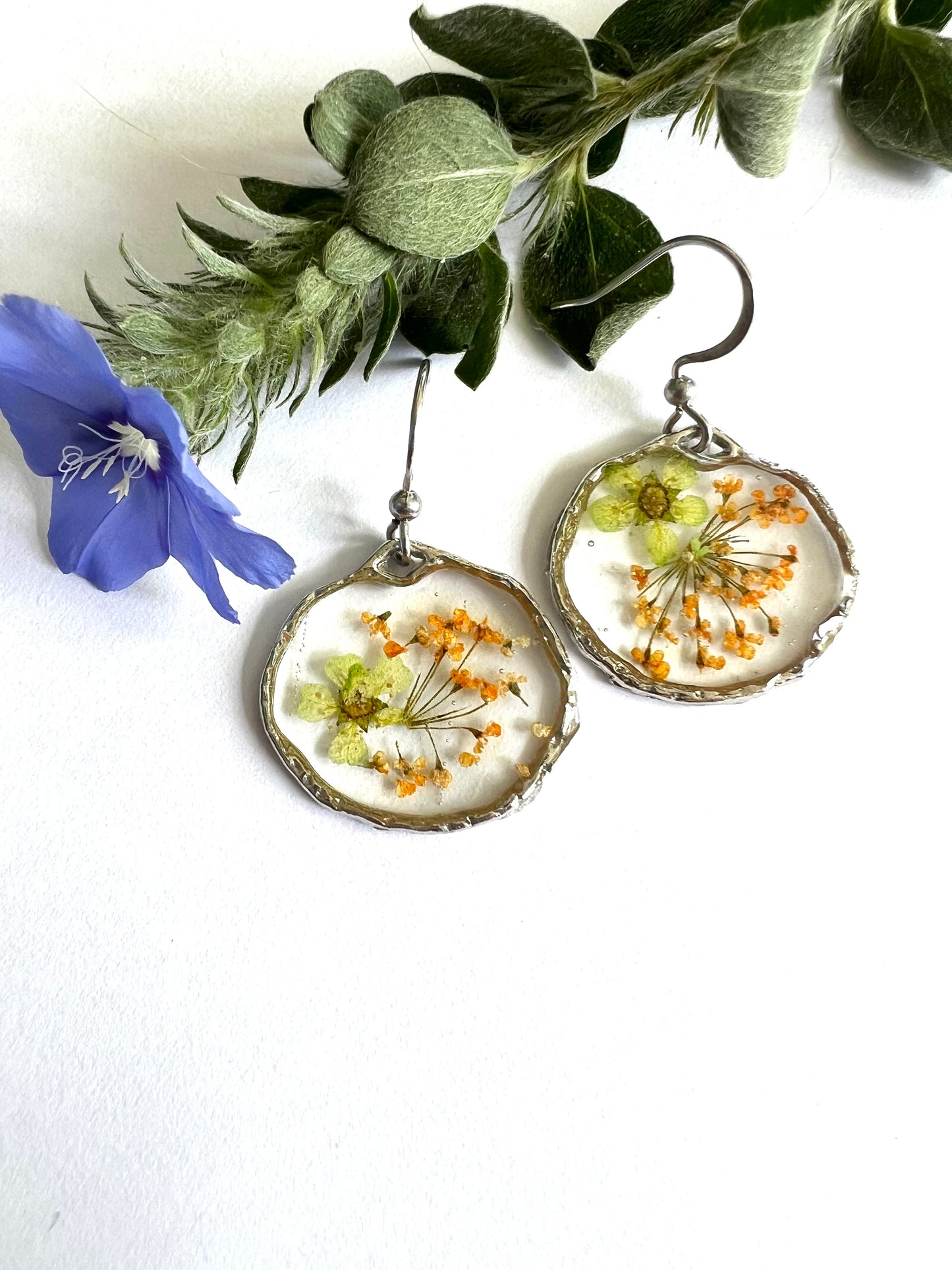 orange lace flowers and green tiny real flower silver earrings perfect birthday anniversary gift