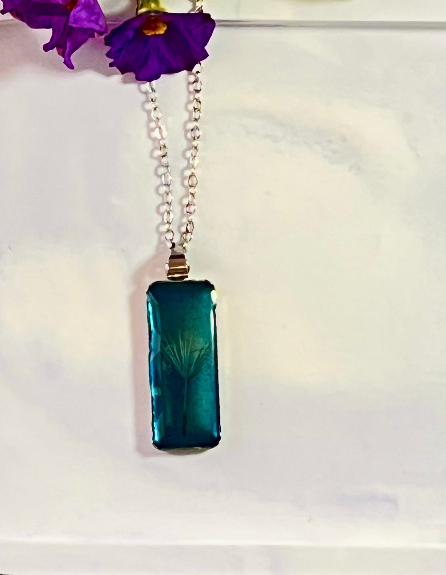Real Dandelion Rectangle Framed in Water drop effect Resin jewelry - JewlOn