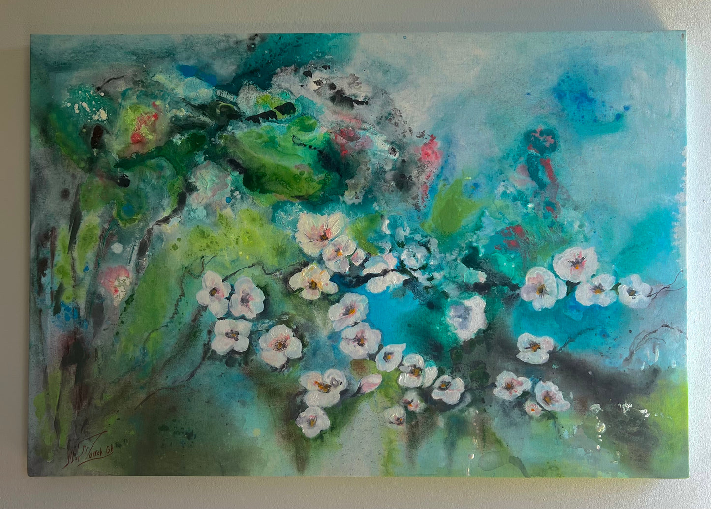 Acrylic painting original authentic cherry blossom deep canvas frame