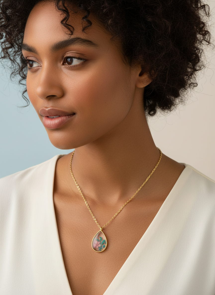 Woman wearing a gold necklace with a pendant against a neutral background