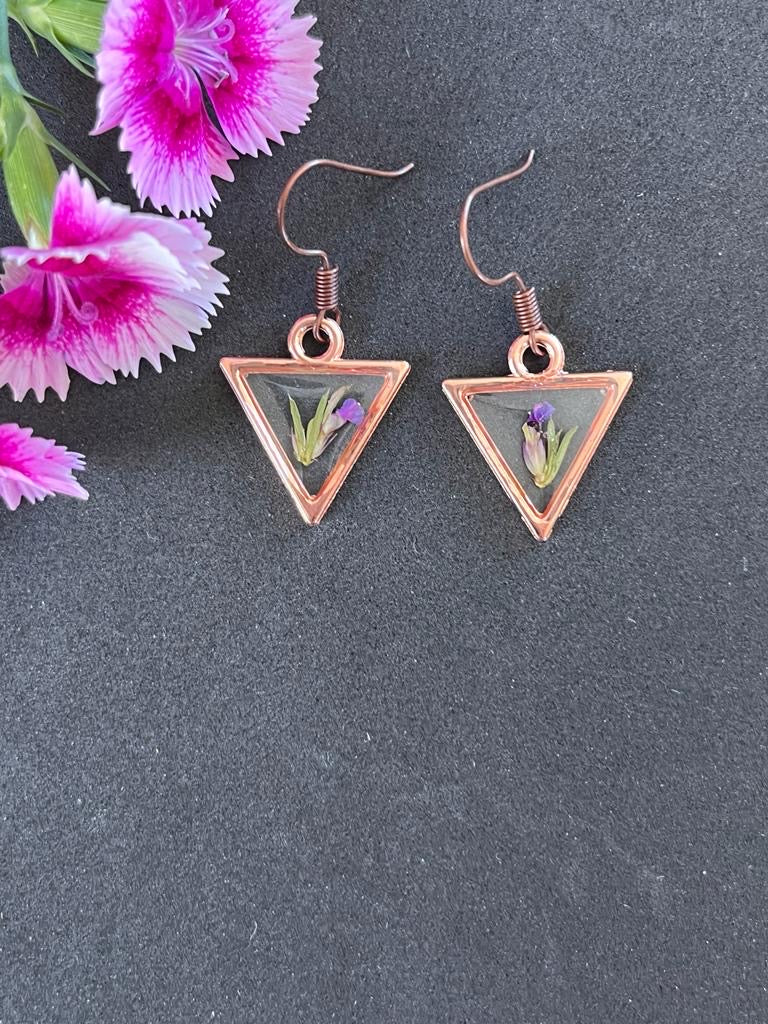 Dainty silver triangle shape earrings with yellow and purple wild flower fynbos of Cederberg minimalist perfect gift