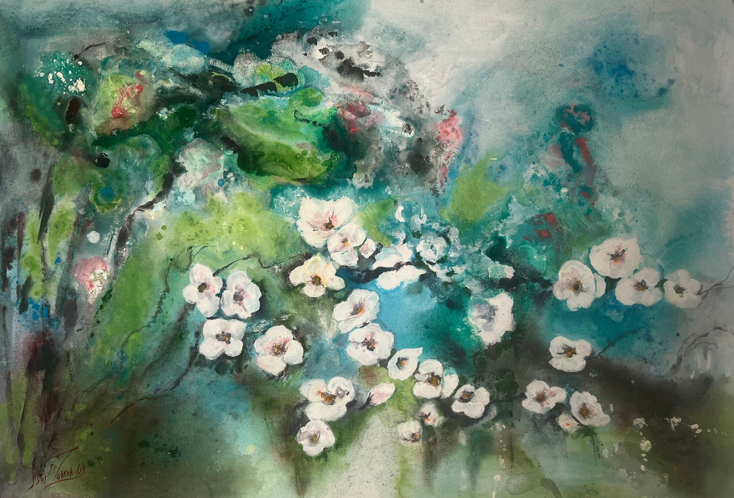 Acrylic painting original authentic cherry blossom deep canvas frame