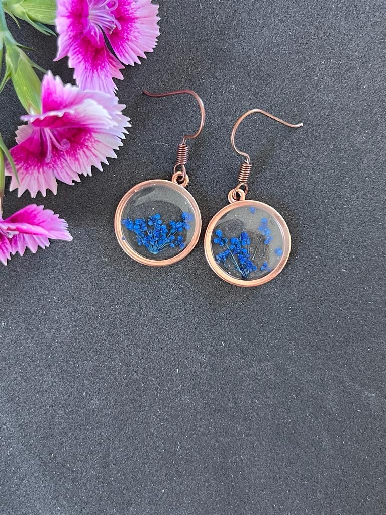 Bunch of real tiny blue flowers in a dainty rose gold framed earrings that perfect for gift anniversary minimalist