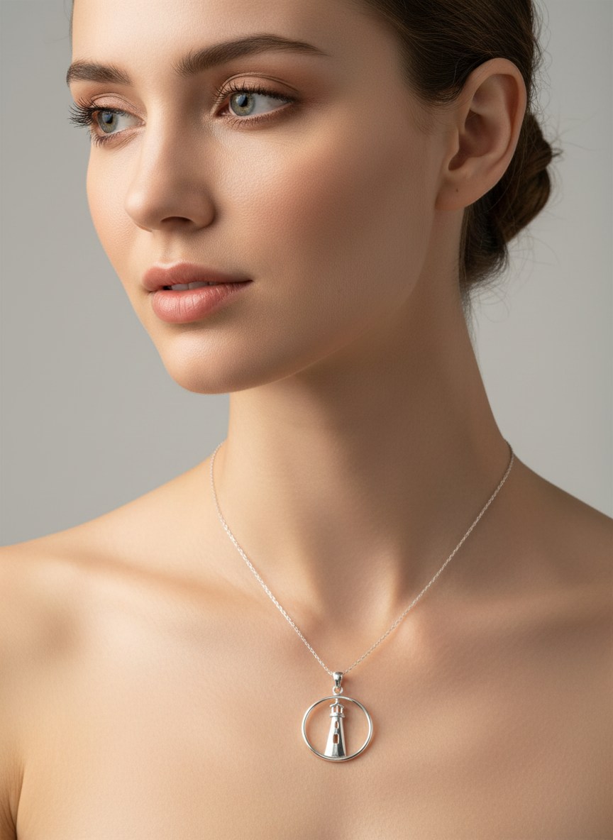 Woman wearing a lighthouse silver necklace with a pendant against a neutral background