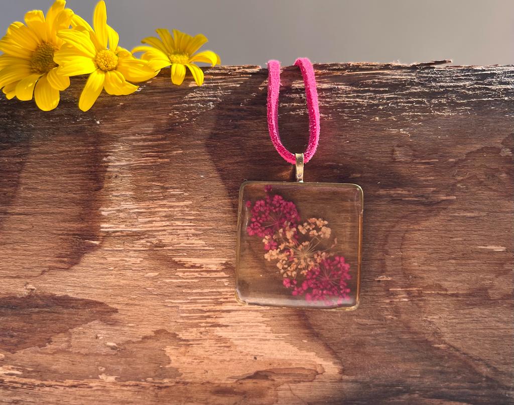 Pink and orange Fynbos Blast in Square Frame Resin Necklace