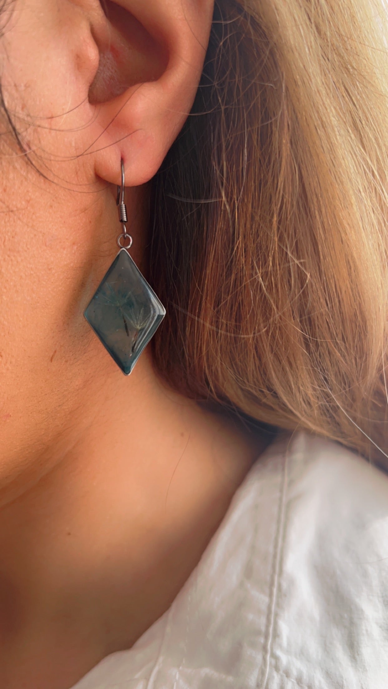 Real Dandelion in Diamond Frame Resin Earrings