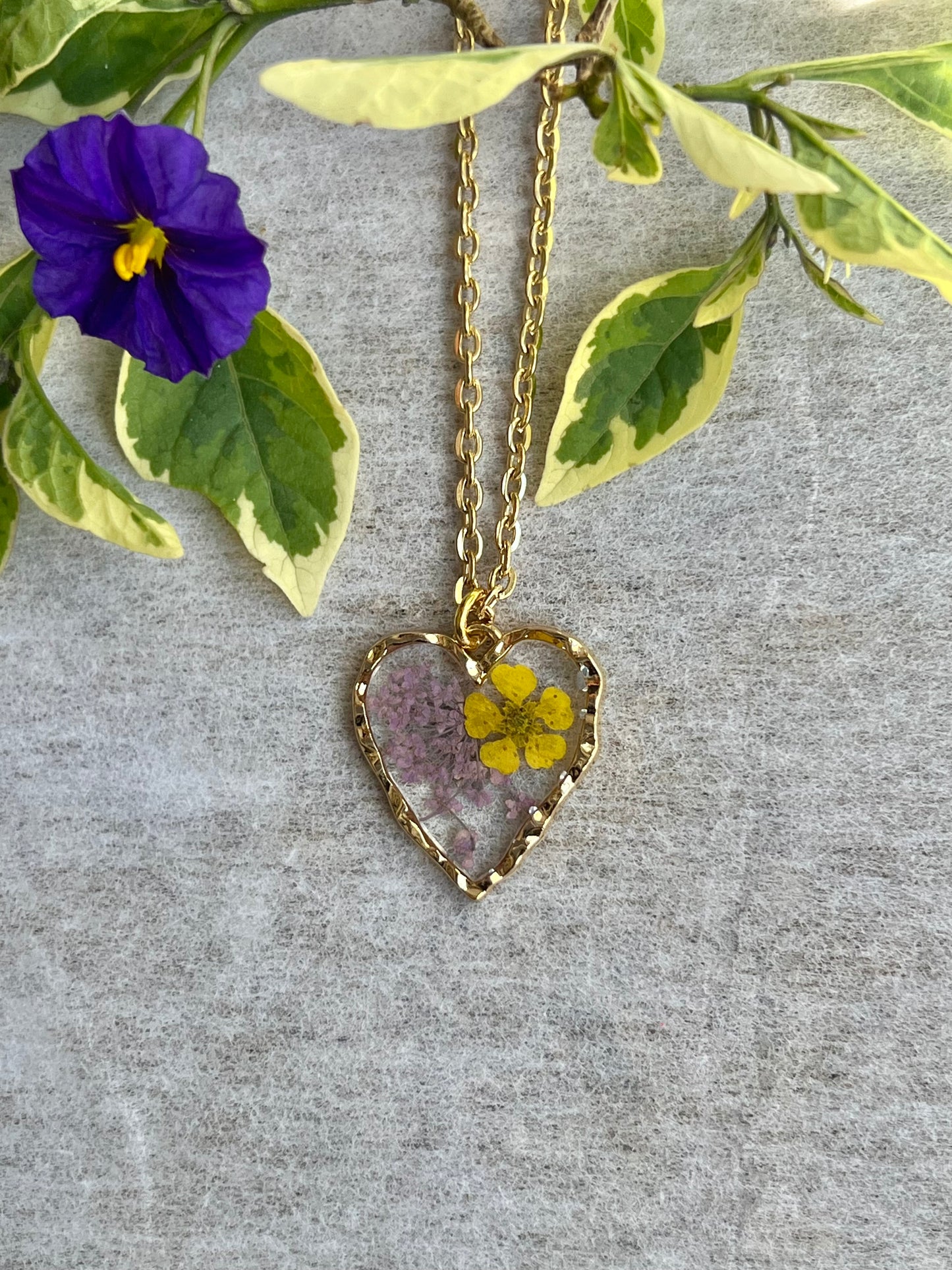 heart shape delicate light purple fynbos blast and yellow flower necklace perfect gift