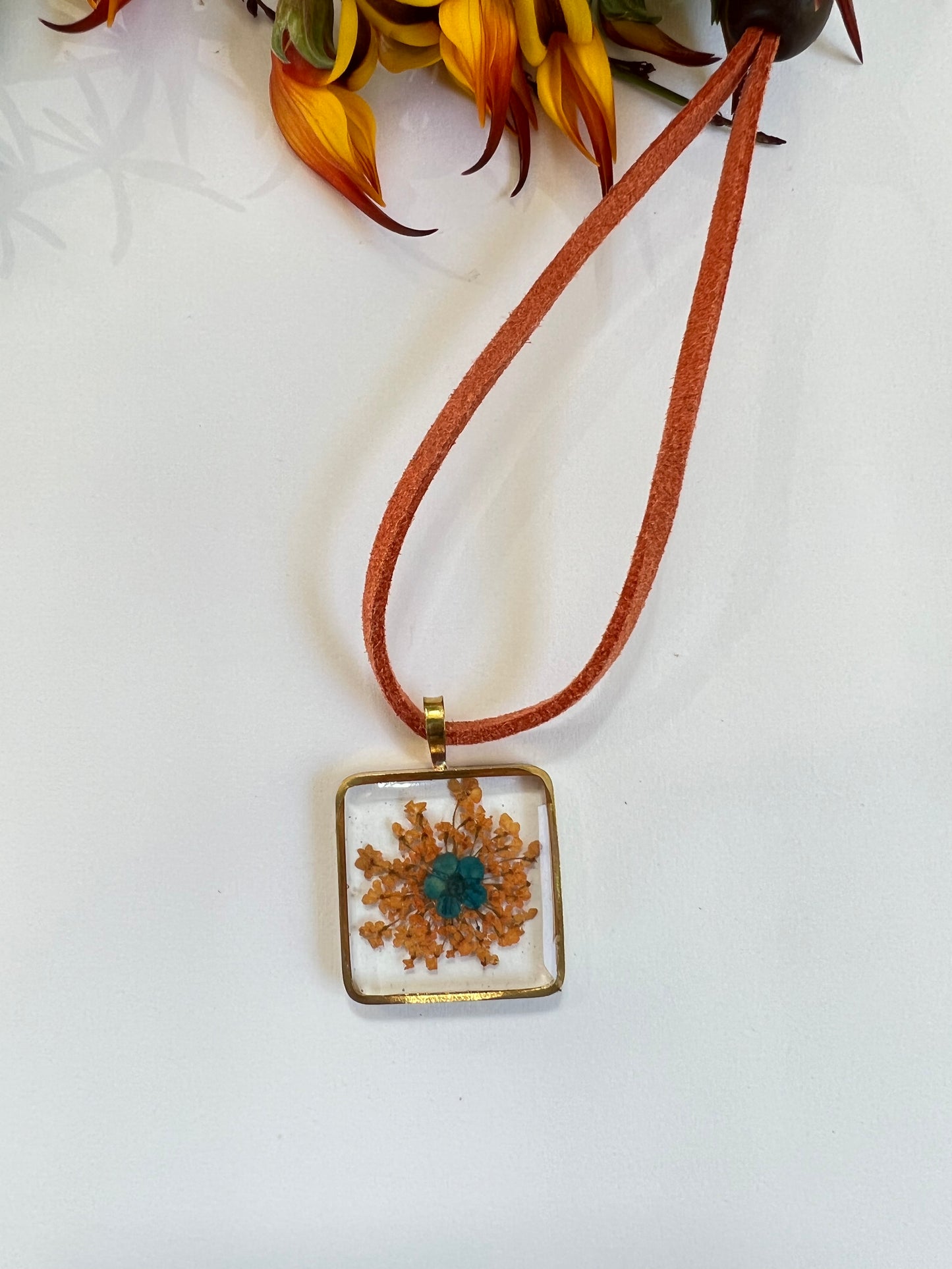 Orange Fynbos Blast and blue flower Square Resin Jewellery