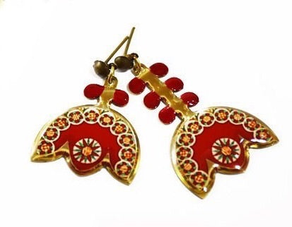red tulip protea mismatch asymmetric earrings with persian turkish indian morrocan pattern and brass anti allergy coated stud hook casual earrings