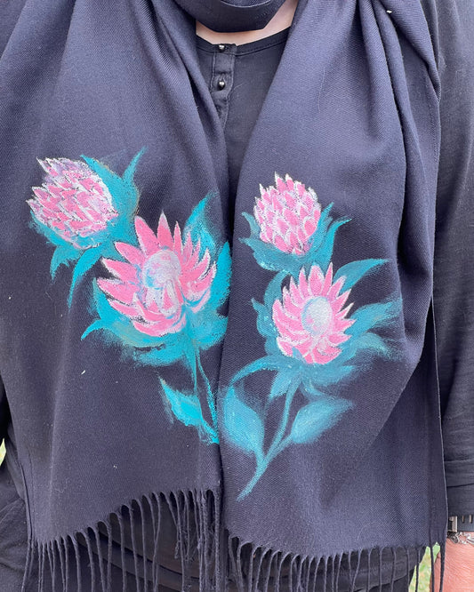 Hand painted Proteas On Cotton Scarf