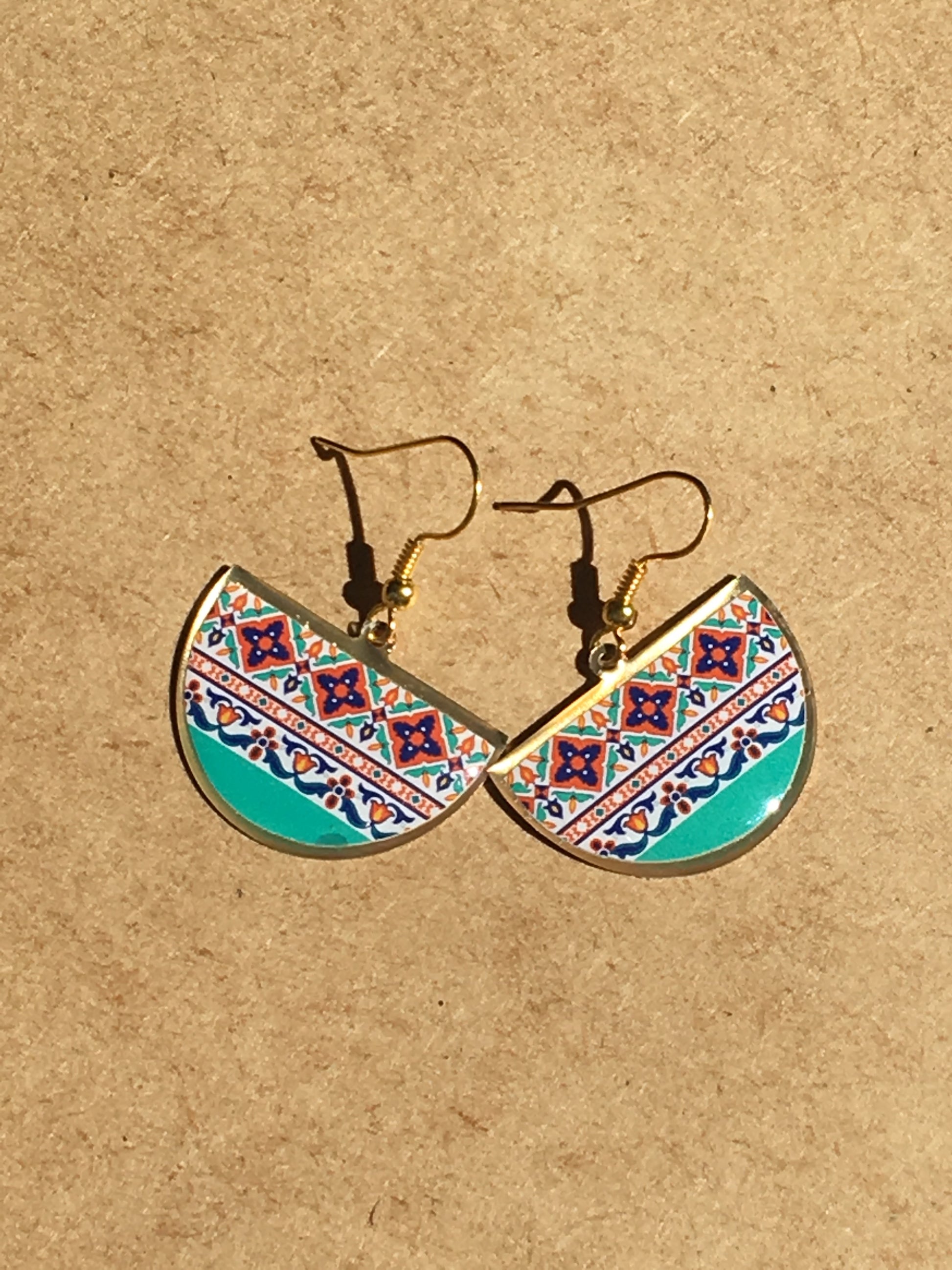 turkish persian pattern turquoise and blue and purple half circle earrings dangle chic trendy brass earrings