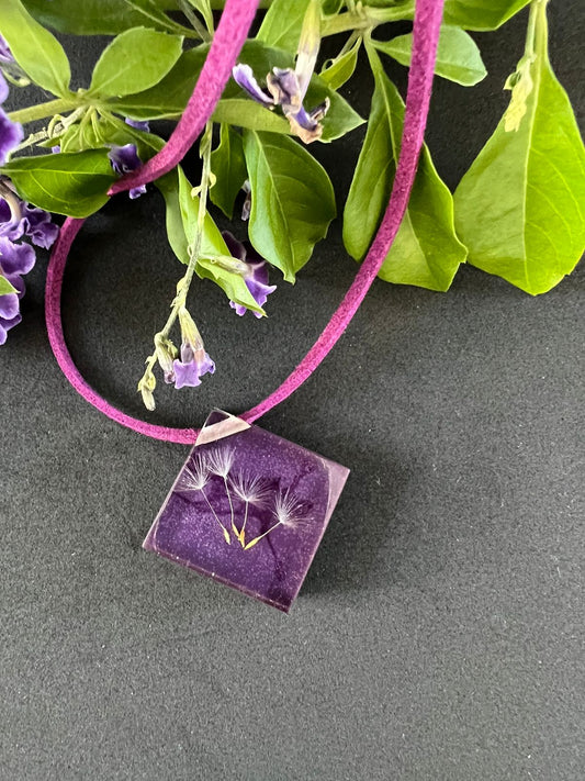 real tiny dandelion purple necklace