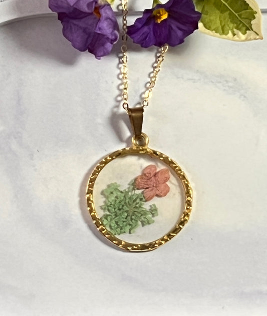 Green Lace Fynbos and pink flower Round Silver Frame Resin Jewellery - JewlOn