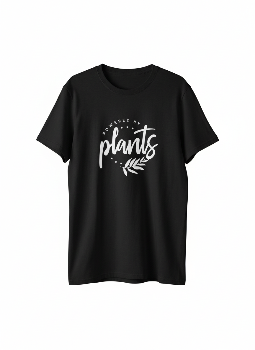 Black t-shirt with 'powered by plants' text on a white background
