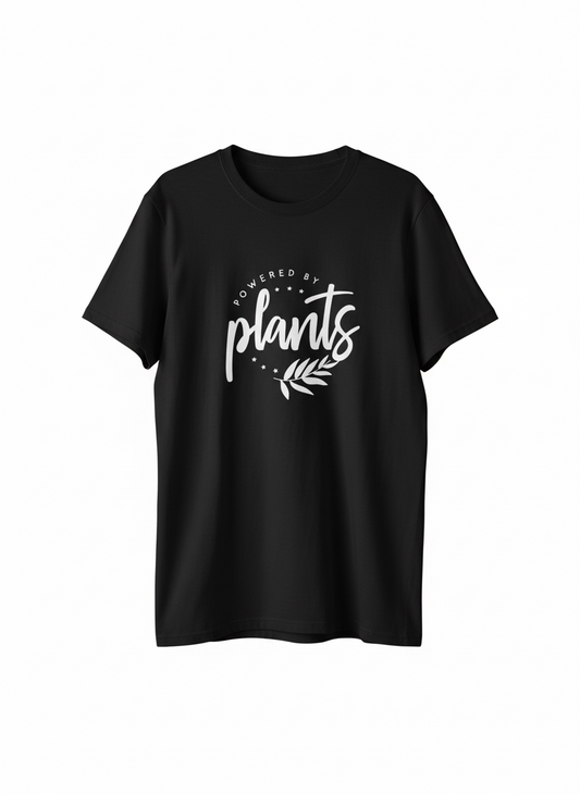 Black t-shirt with 'powered by plants' text on a white background