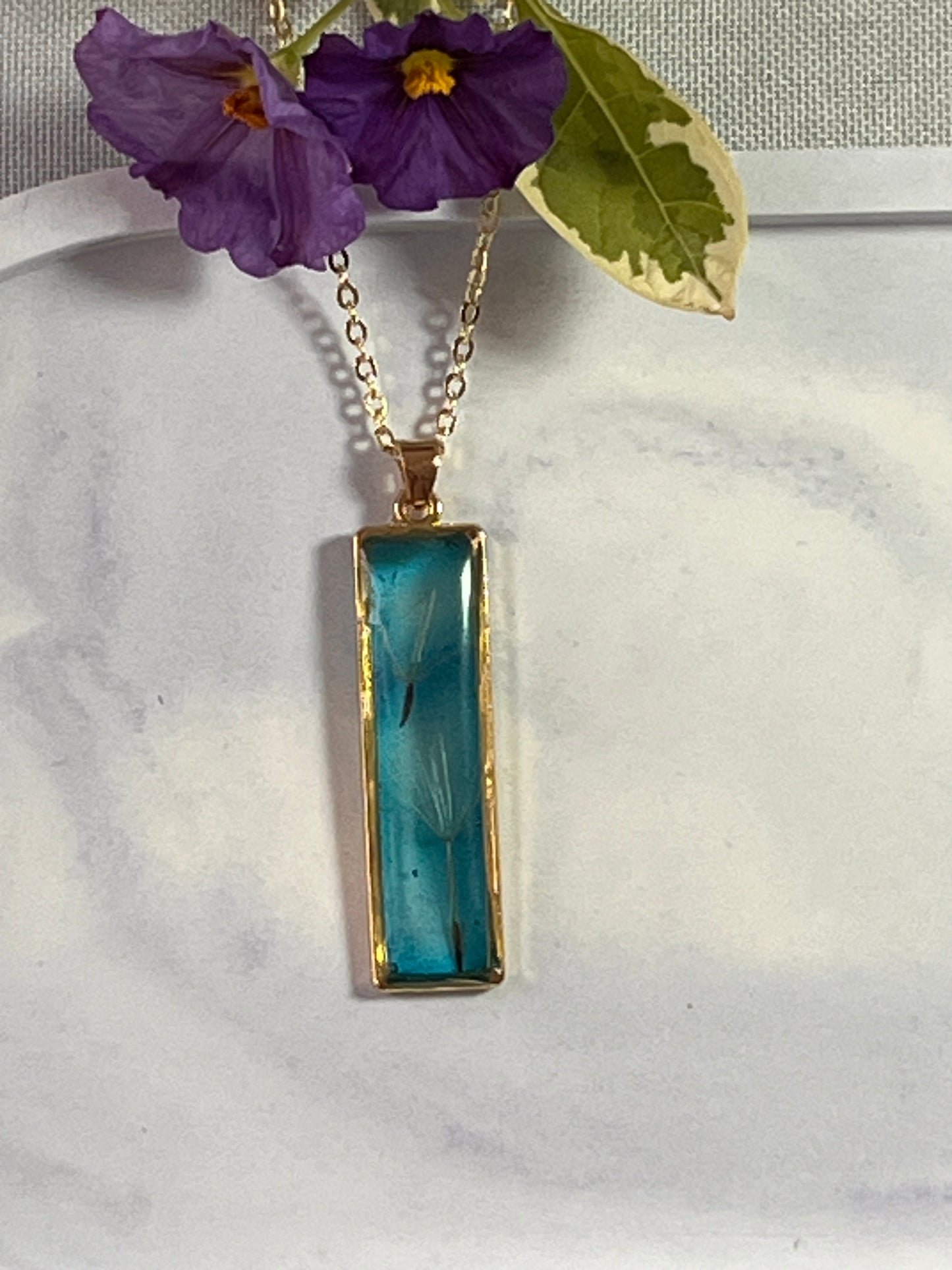 Real Dandelion Rectangle Framed in Water drop effect Resin jewelry - JewlOn