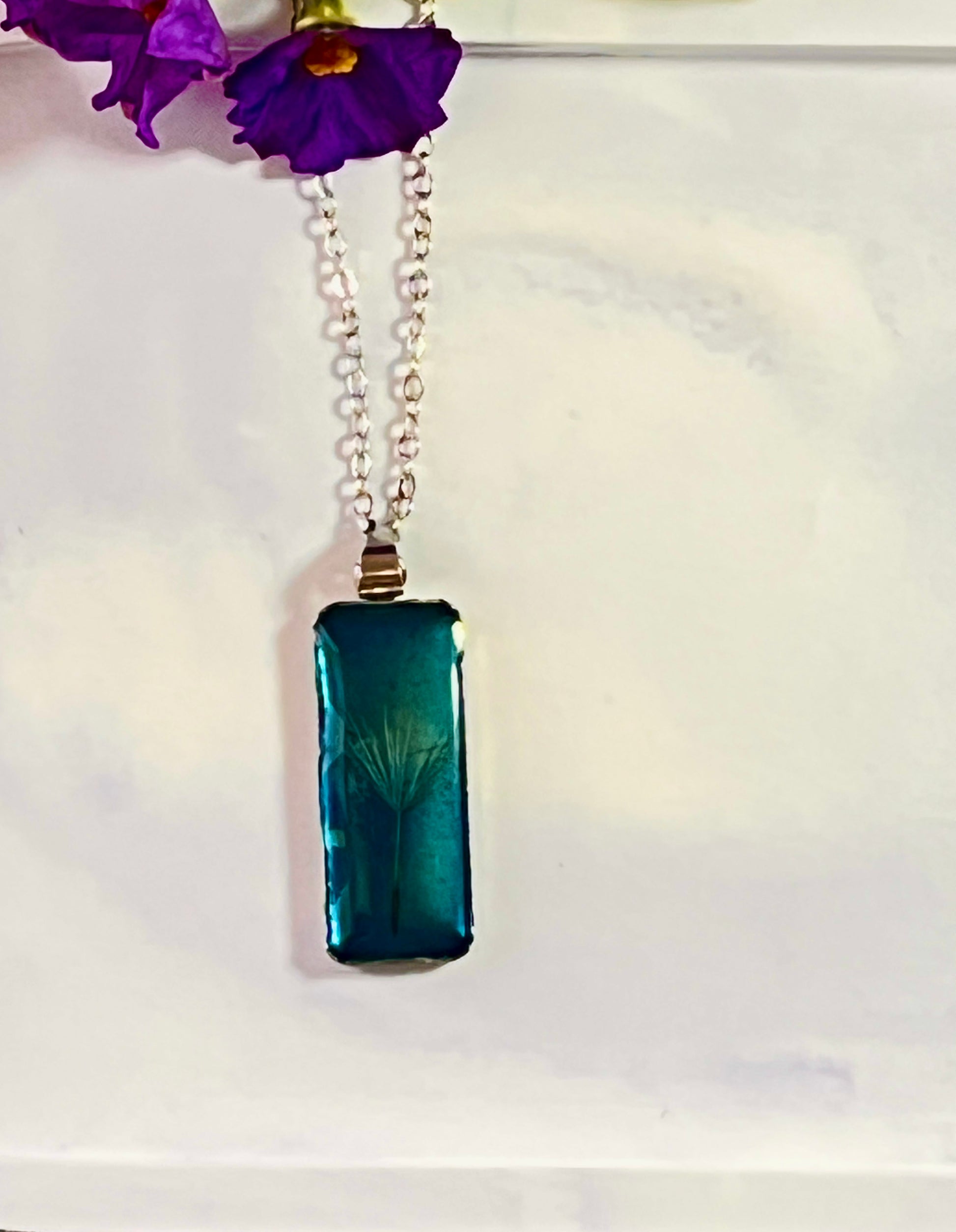 Real Dandelion Rectangle Framed in Water drop effect Resin jewelry - JewlOn