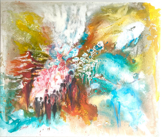 beautiful display of figurings in a spring summer concert garden gathering acrylic authentic original painting