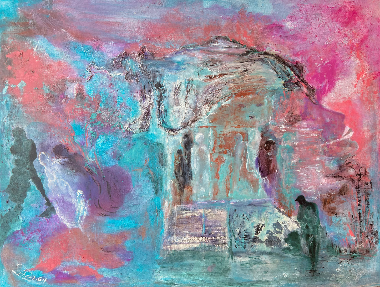 Celestial Contemplation figurative woman face warm and cold colors abstract landscape deep canvas