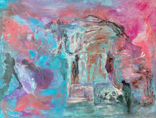 Celestial Contemplation figurative woman face warm and cold colors abstract landscape deep canvas