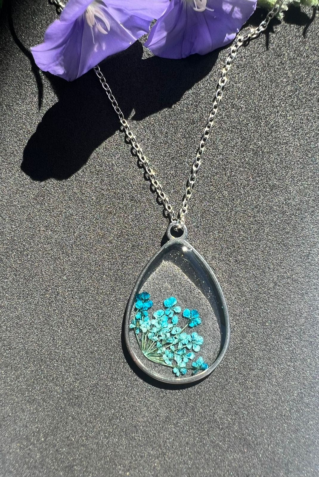 tear drop silver frame with tiny real blue flowers necklace gift birthday anniversary