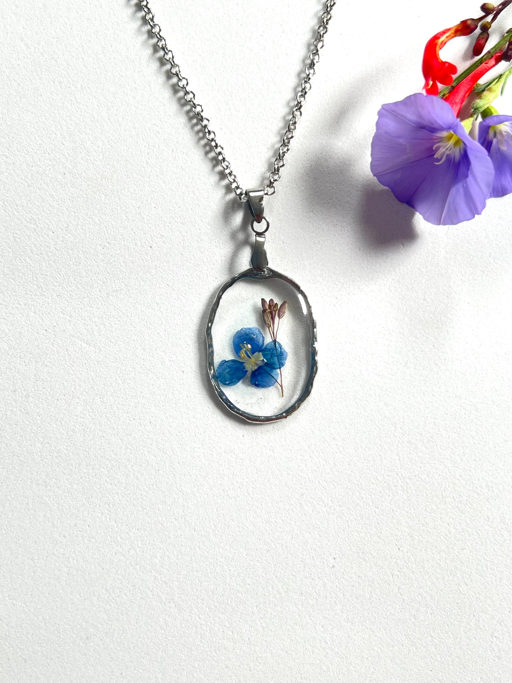 Blue Iris in silver oval necklace gift souvenir anniversary birthday