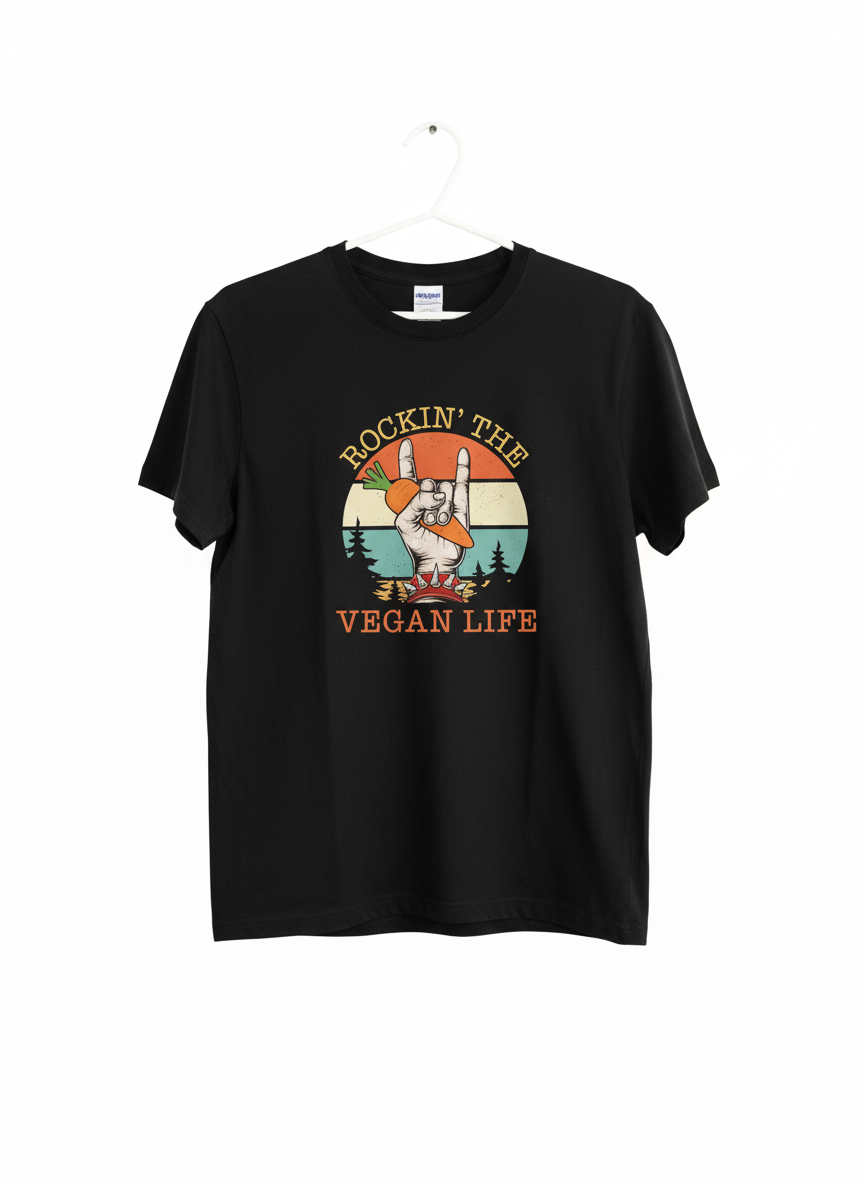 Black t-shirt with 'Rockin' the Vegan Life' graphic on a white background