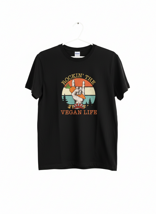 Black t-shirt with 'Rockin' the Vegan Life' graphic on a white background