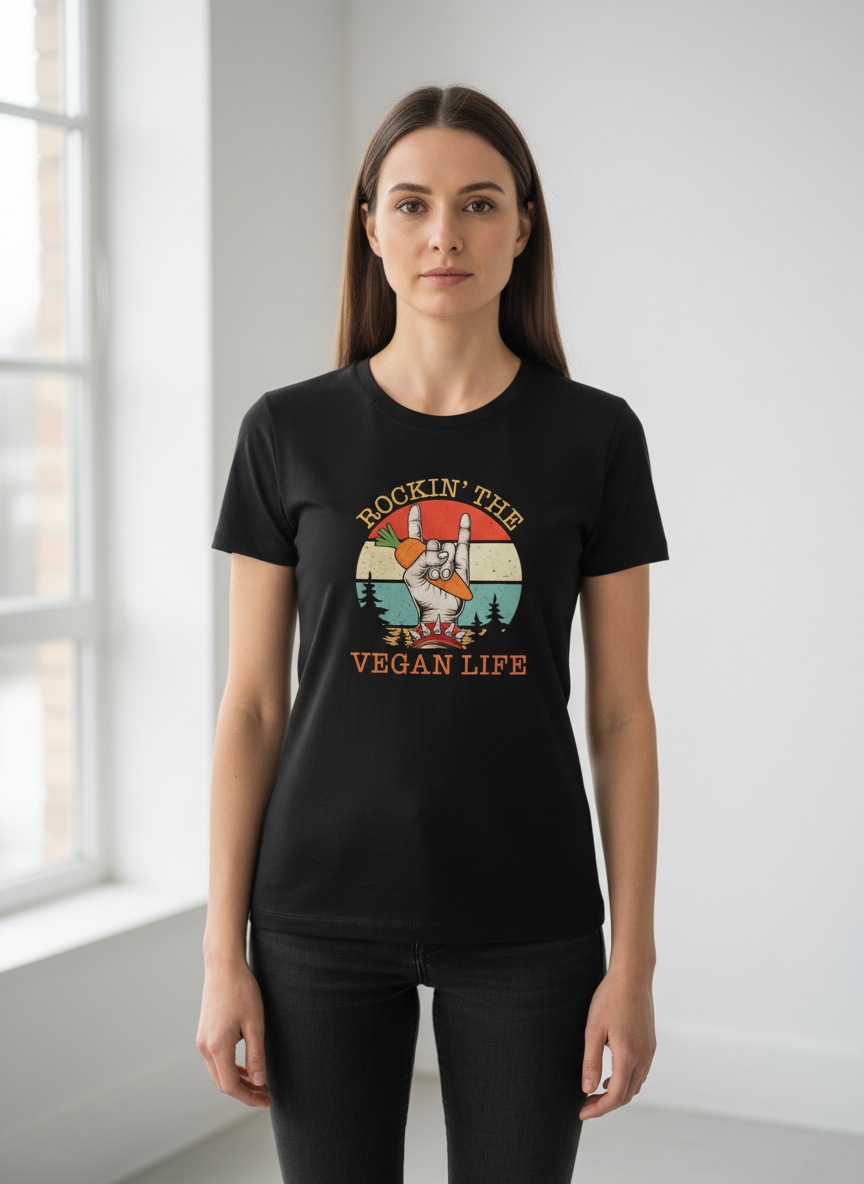 Woman wearing a black t-shirt with 'Rockin' the Vegan Life' graphic design.