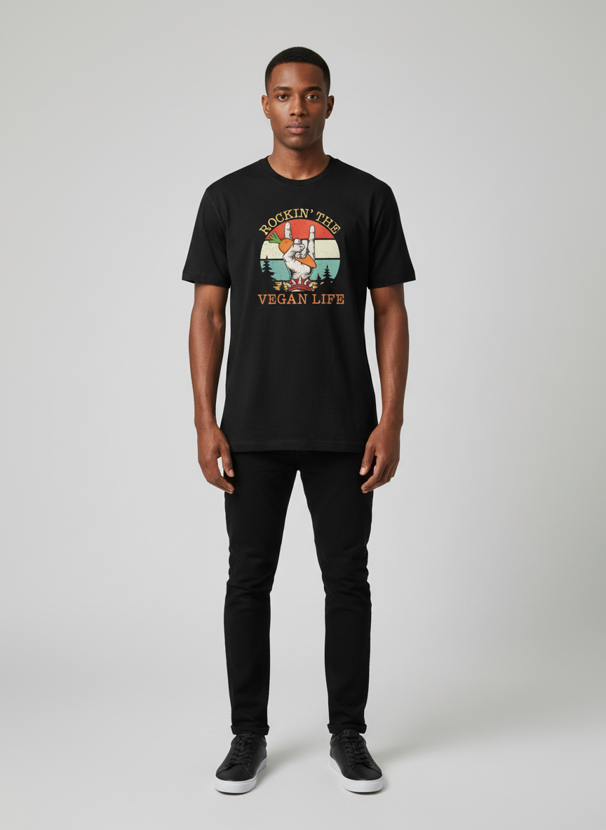 Person wearing a black t-shirt with a graphic design and text on a plain background vegan Tshirt