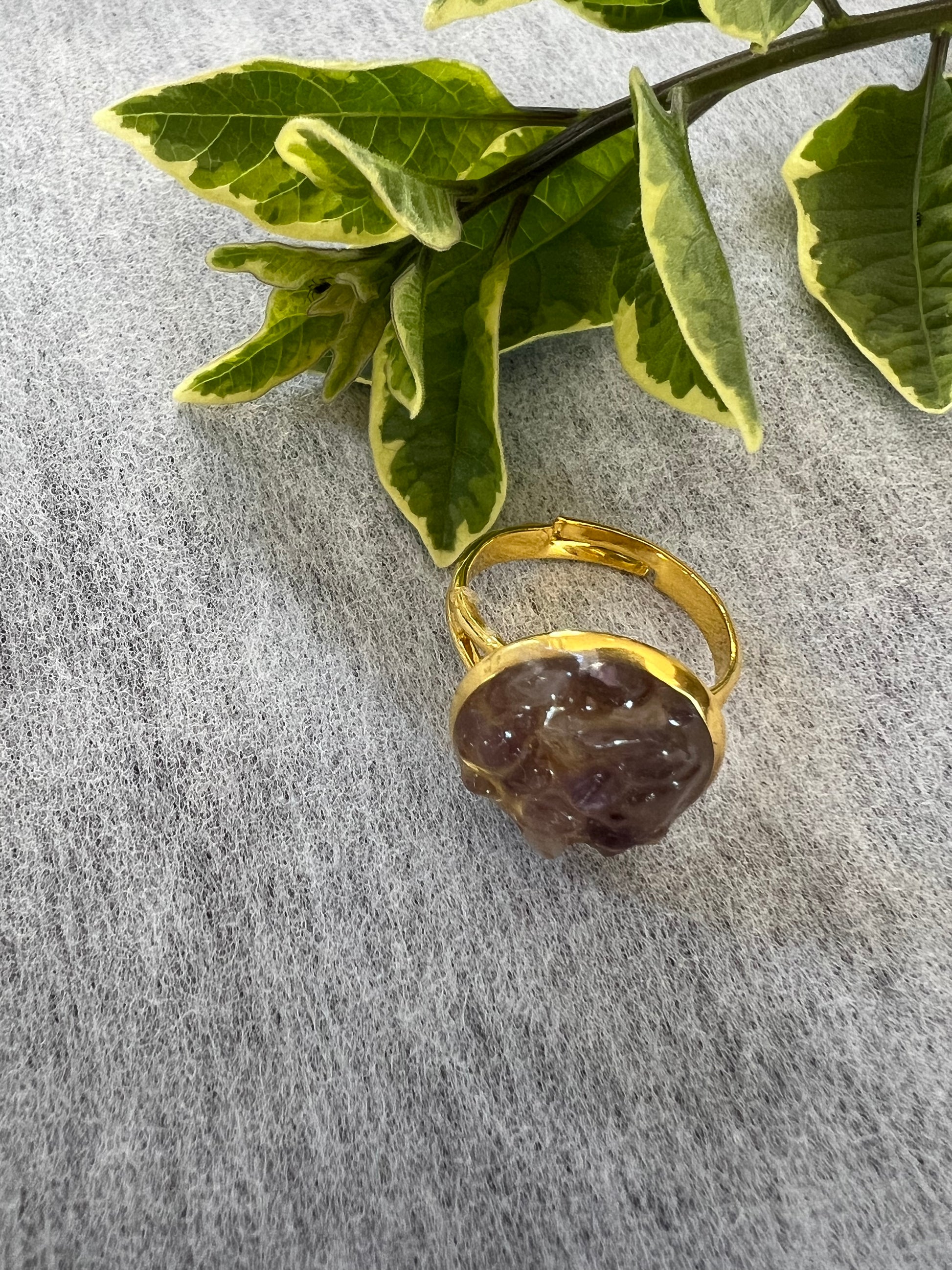 Amethyst stone in resin adjustable golden ring February birth month stone