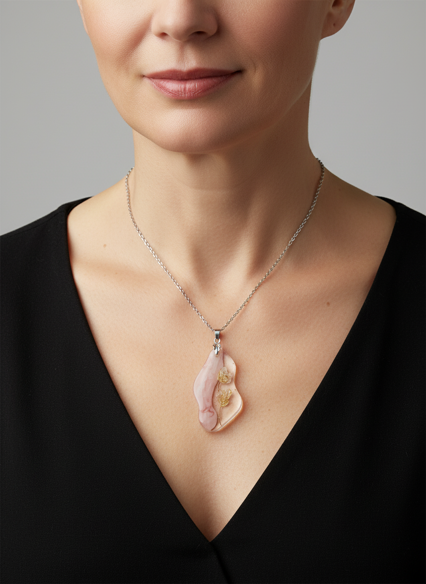 Woman wearing a necklace with a large pink pendant against a gray background