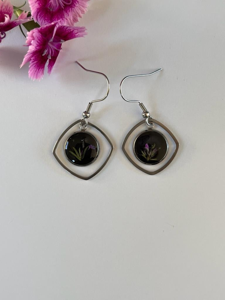 Dainty silver elegant classic shape earrings with yellow and purple wild flower fynbos of Cederberg minimalist perfect gift