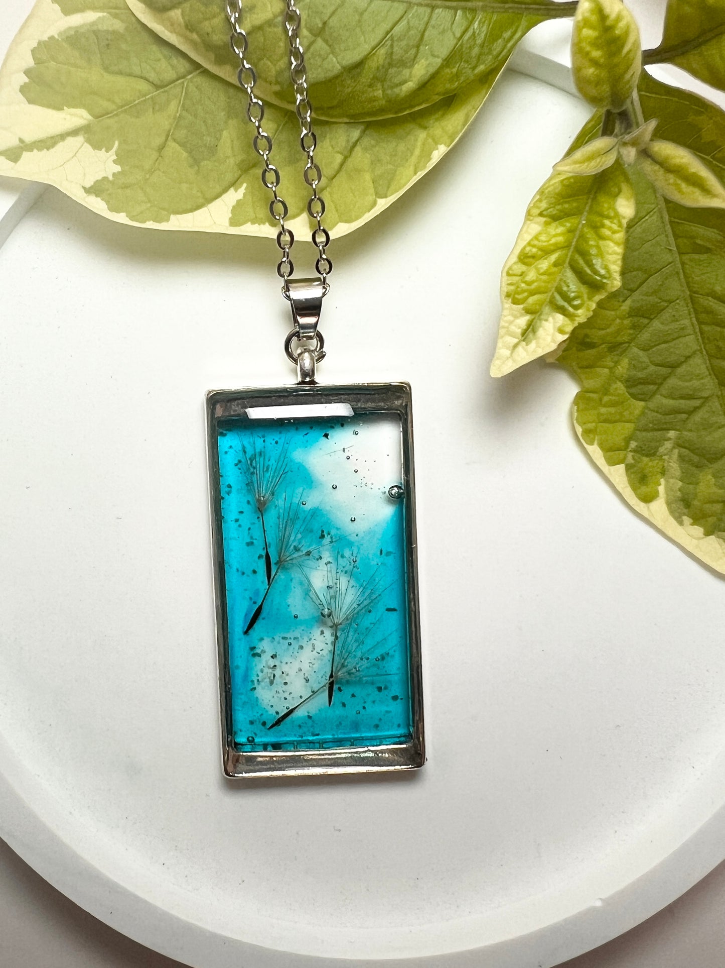 Real Dandelion Rectangle Framed in Water drop effect Resin jewelry