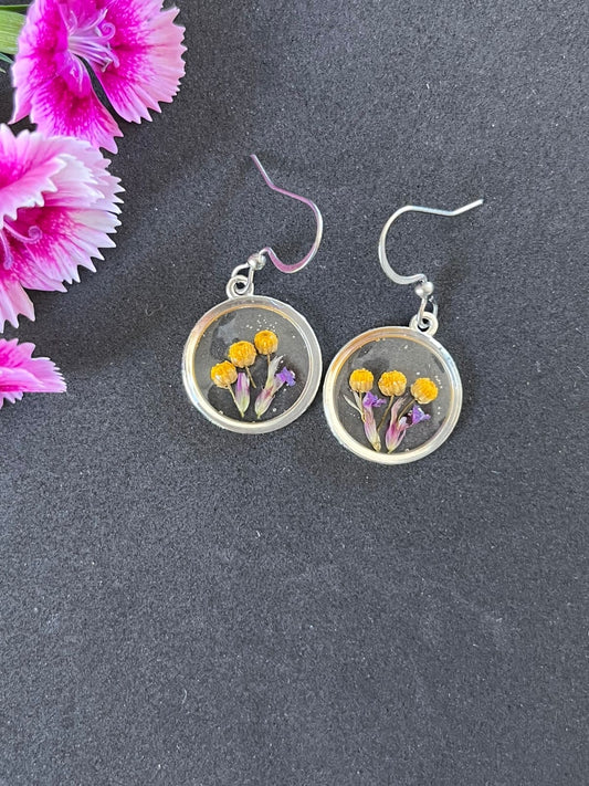 Dainty silver round shape earrings with yellow and purple wild flower fynbos of Cederberg minimalist perfect gift