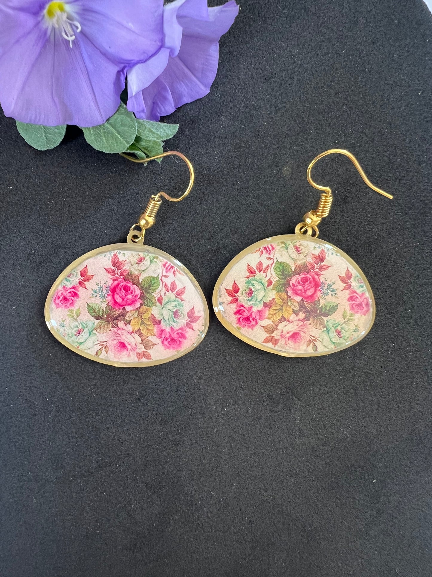 Pink Floral Earrings with Red Back Side