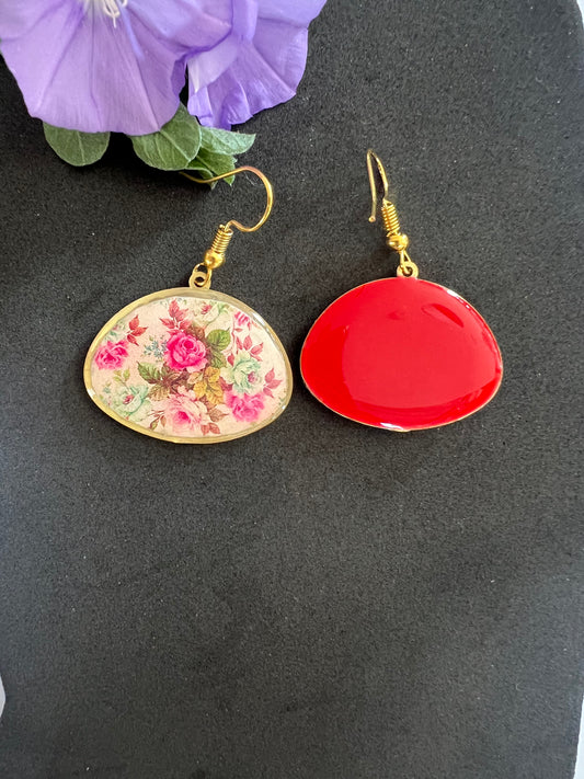 Pink Floral Earrings with Red Back Side