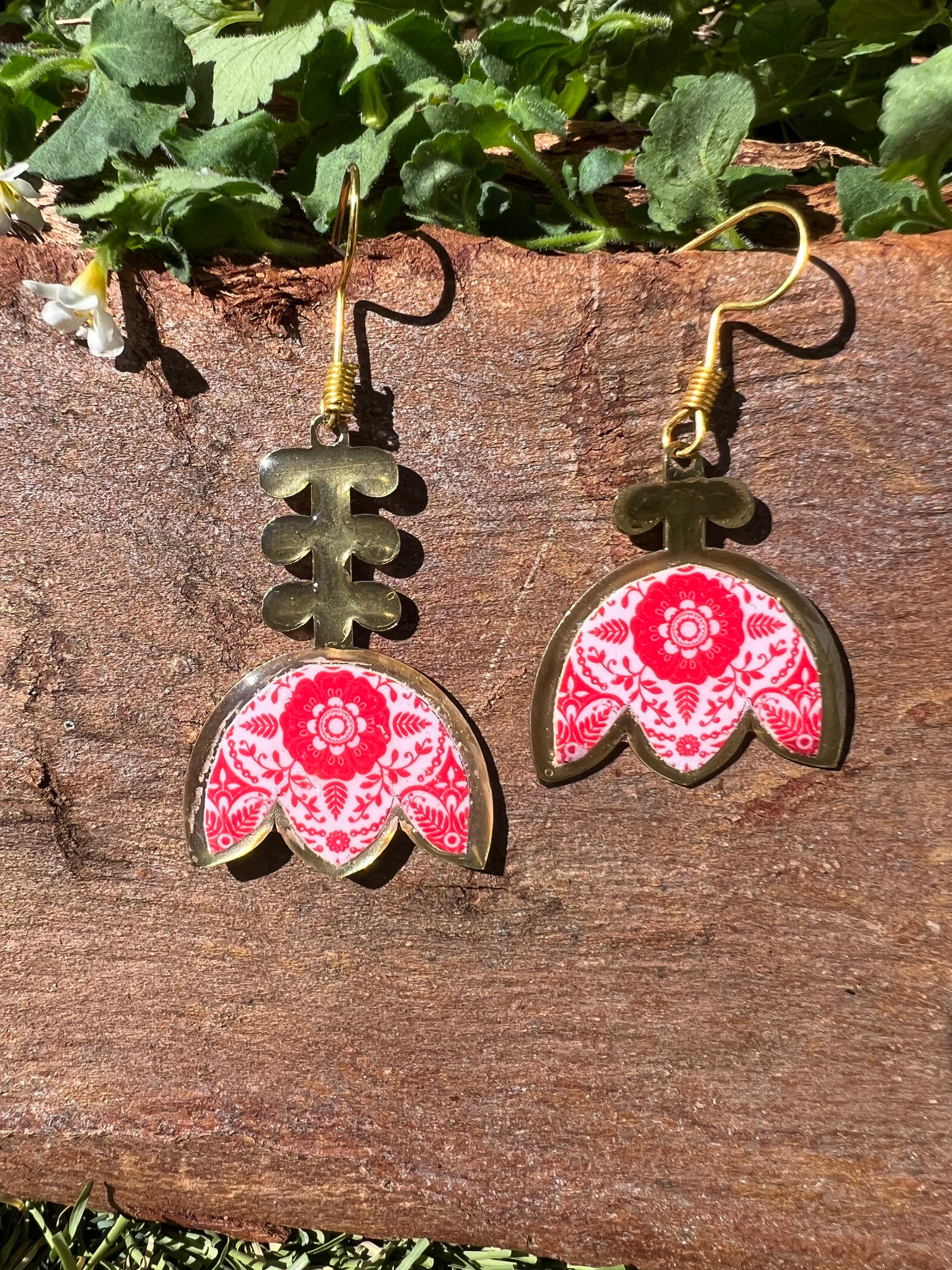 red protea asymmetric oriental pattern unique earrings