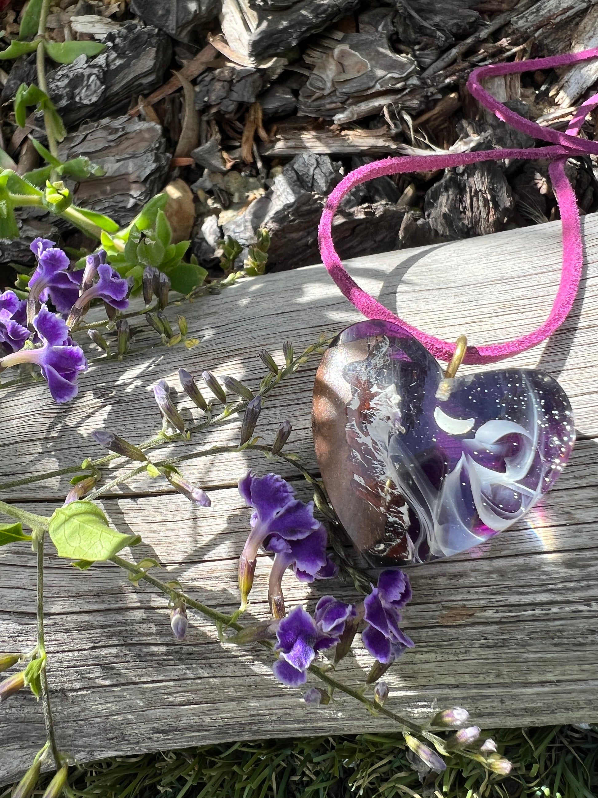 unisex resin wood heart crescent moon necklace