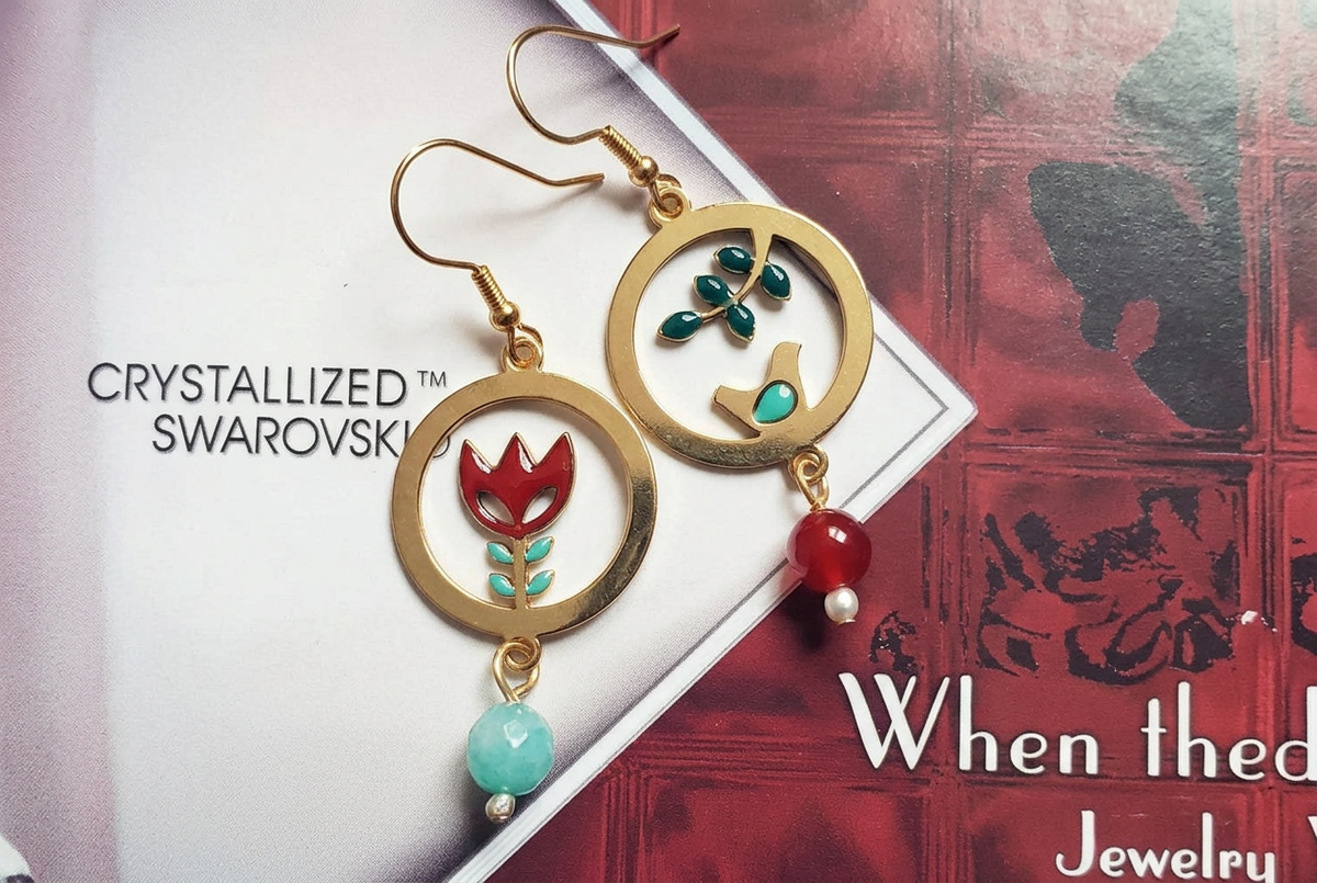 stainless steal red protea blue bird semi mismatched asymmetric unique funky dangle earrings 