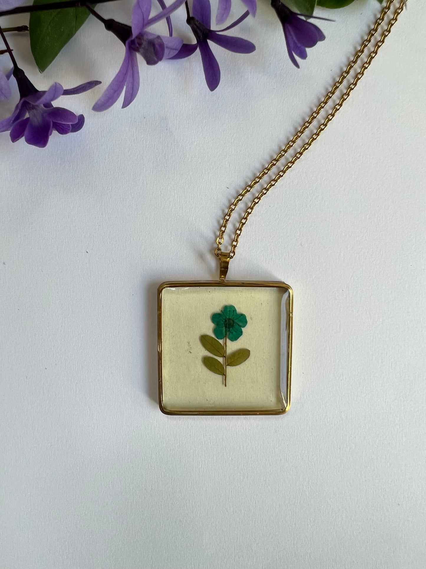 Tiny Blue Flower in Square Frame Resin Necklace