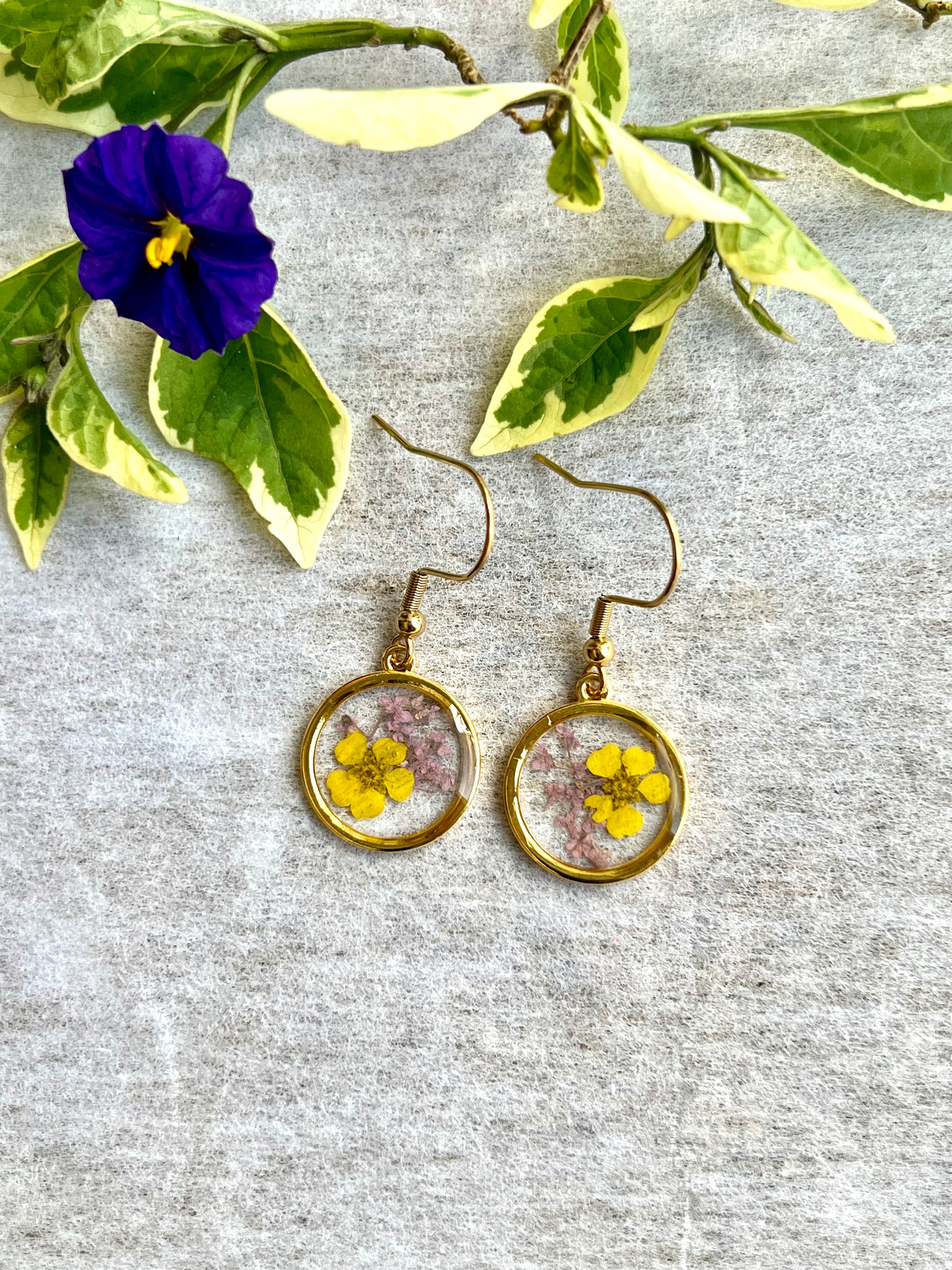 heart shape delicate light purple fynbos blast and yellow flower earrings perfect gift 