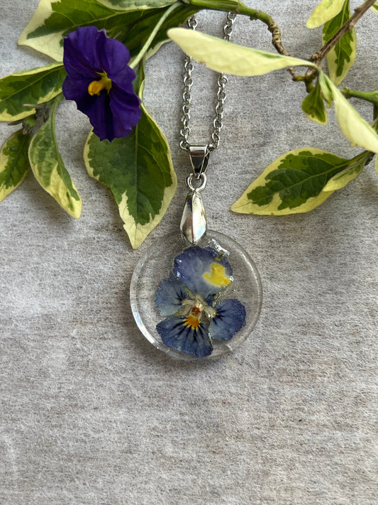 real tiny blue pansy flower in resin necklace perfect gift