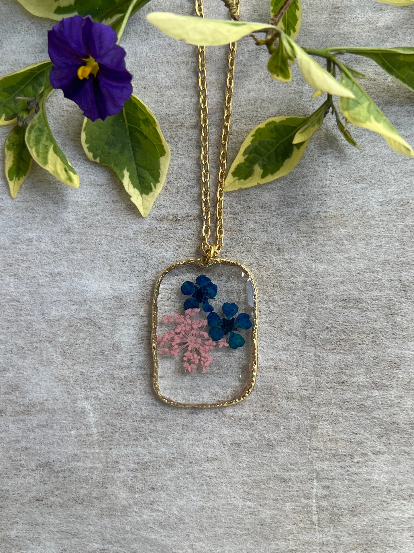 Pink Fynbos Blast and blue flower Rectangle Resin Jewellery