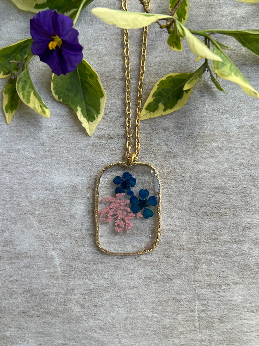 Soft pink Fynbos Blast and blue flower Rectangle Resin Jewellery