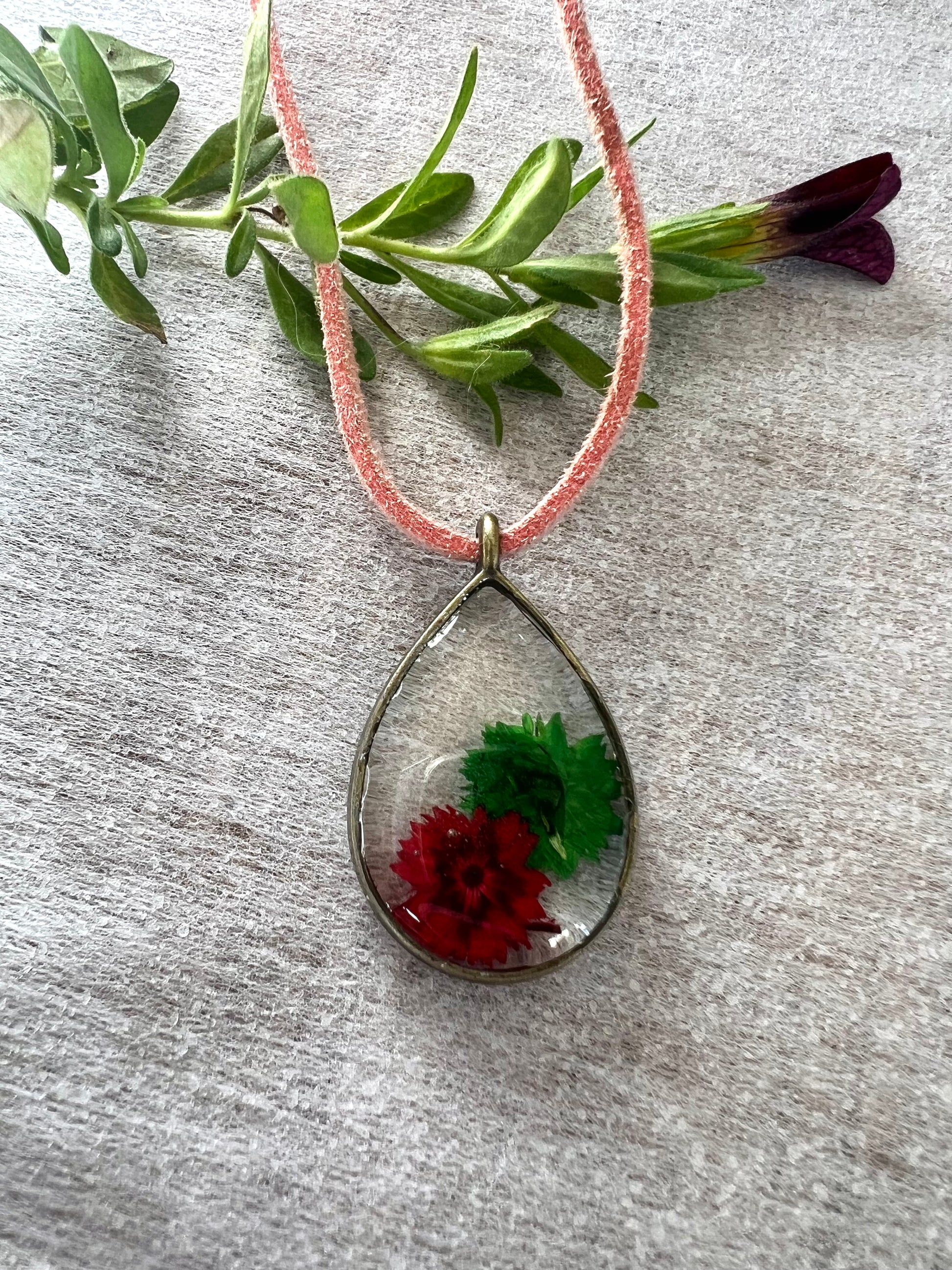 tear drop silver frame with tiny real red and green flowers necklace gift birthday anniversary
