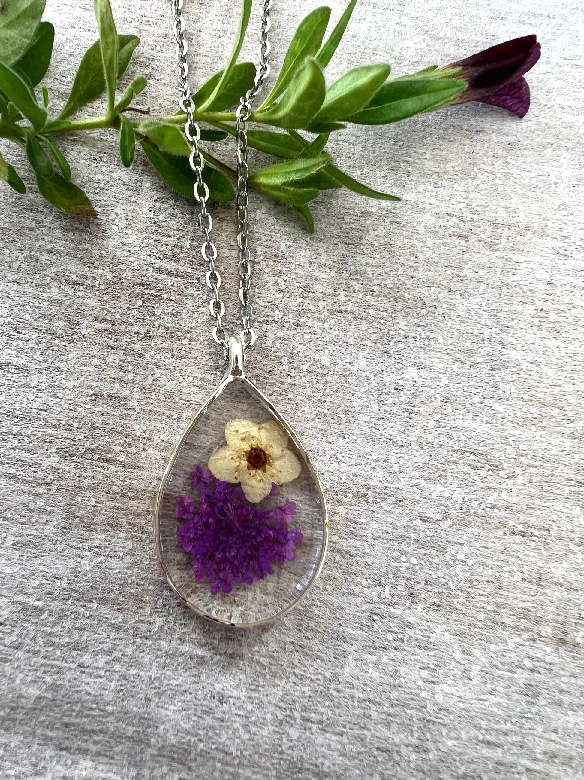 tear drop silver frame with tiny real purple flowers necklace gift birthday anniversary