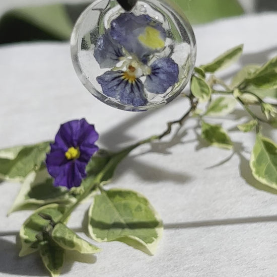 real tiny blue pansy flower in resin necklace perfect gift