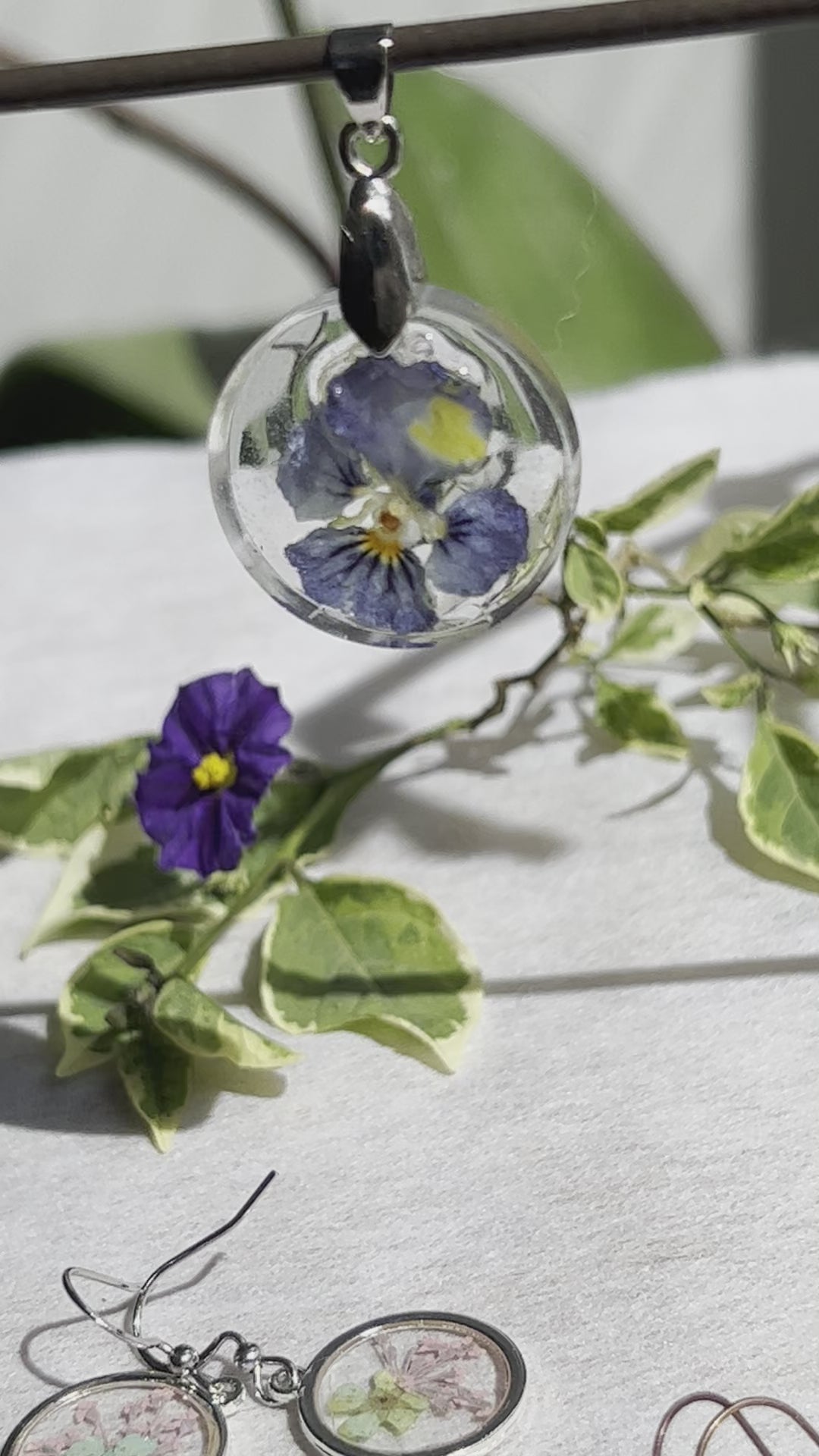 real tiny blue pansy flower in resin necklace perfect gift