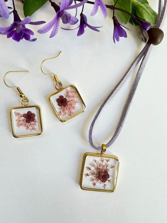 Pink Fynbos Blast and Purple Flower Square Resin Jewellery